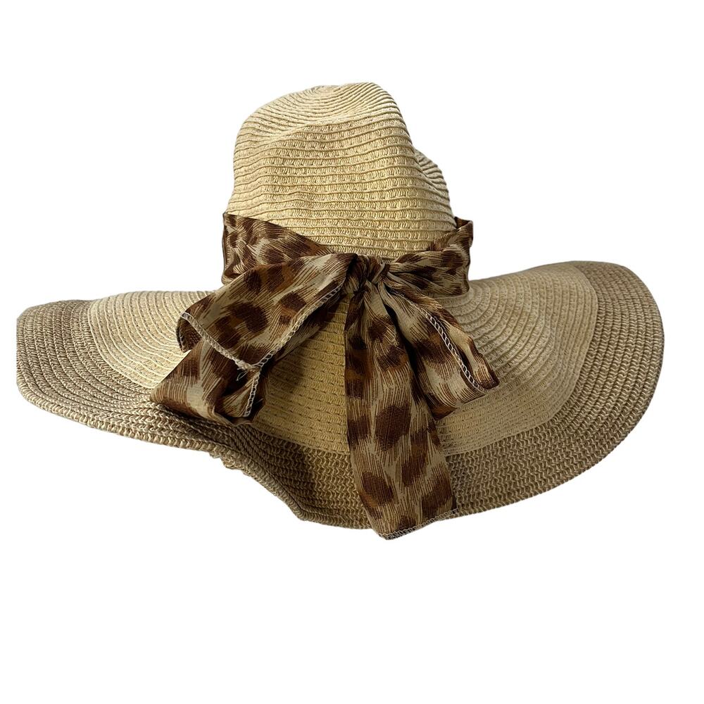 Jacobson Straw Sun Hat Wide Brim Leopard Ribbon Coastal Boho Resort Preppy Euro